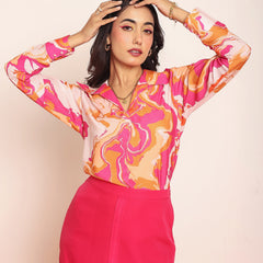 Printed top with solid knotting skirt