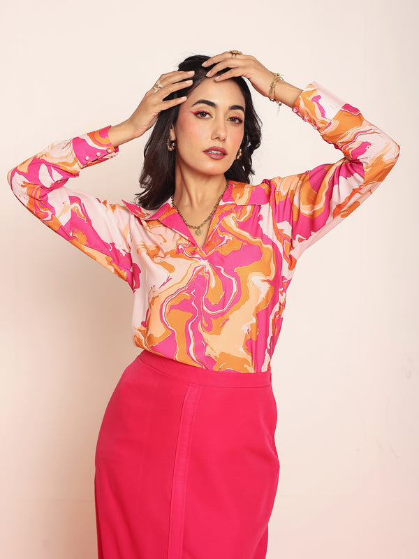 Printed top with solid knotting skirt