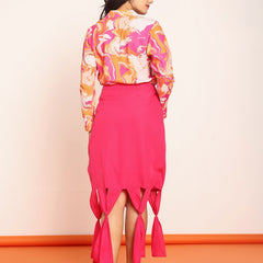 Printed top with solid knotting skirt