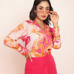 Printed top with solid knotting skirt
