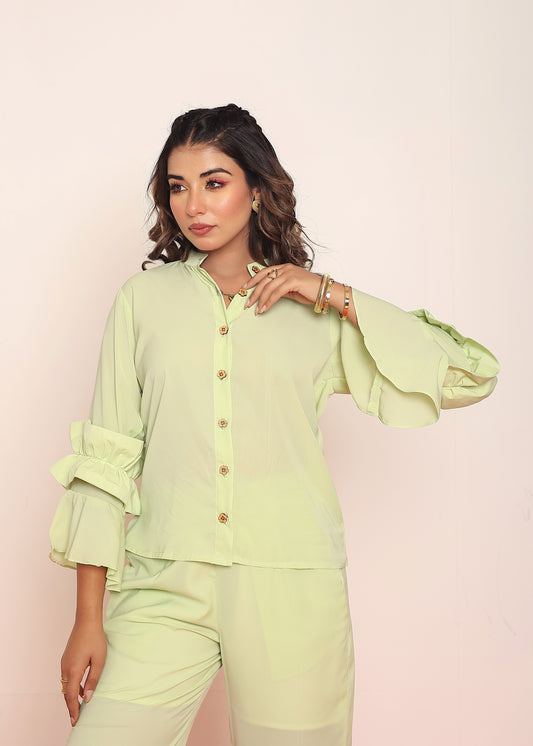 Pastel lime green ruffled shirt