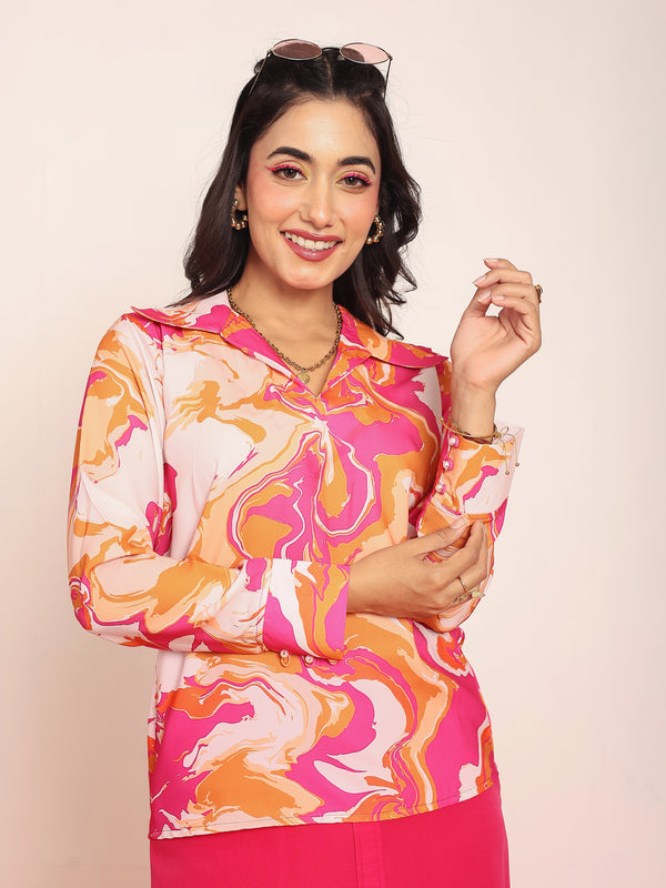 Printed top with solid knotting skirt
