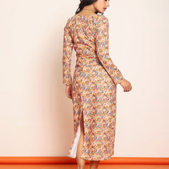 Printed waist-cutout maxi dress with belt