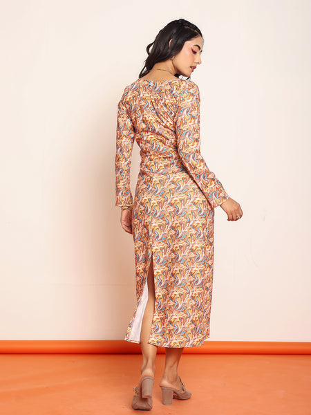 Printed waist-cutout maxi dress with belt