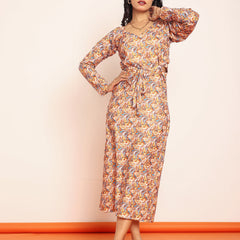 Printed waist-cutout maxi dress with belt