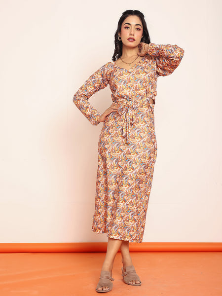 Printed waist-cutout maxi dress with belt