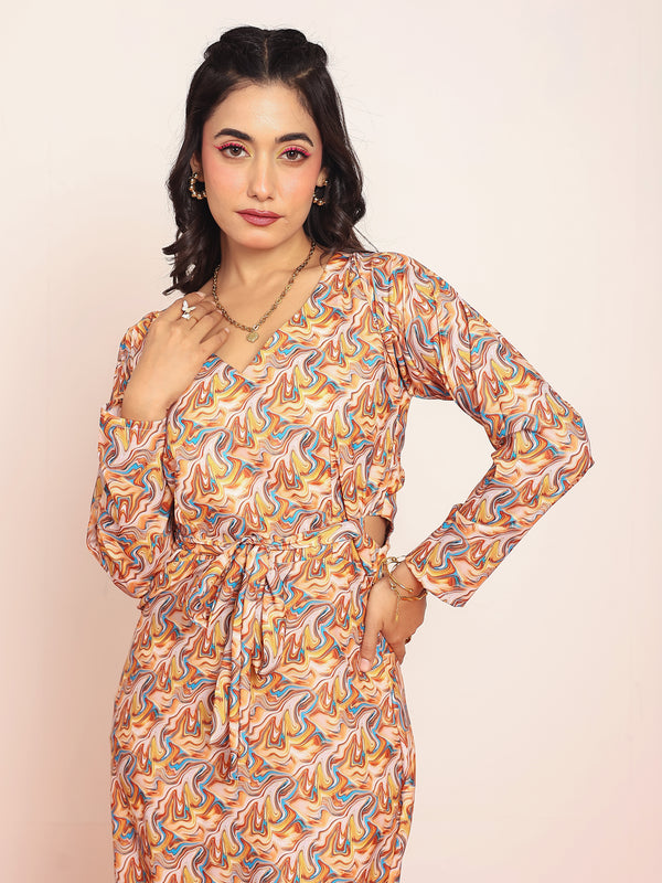 Printed waist-cutout maxi dress with belt