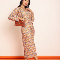 Printed waist-cutout maxi dress with belt
