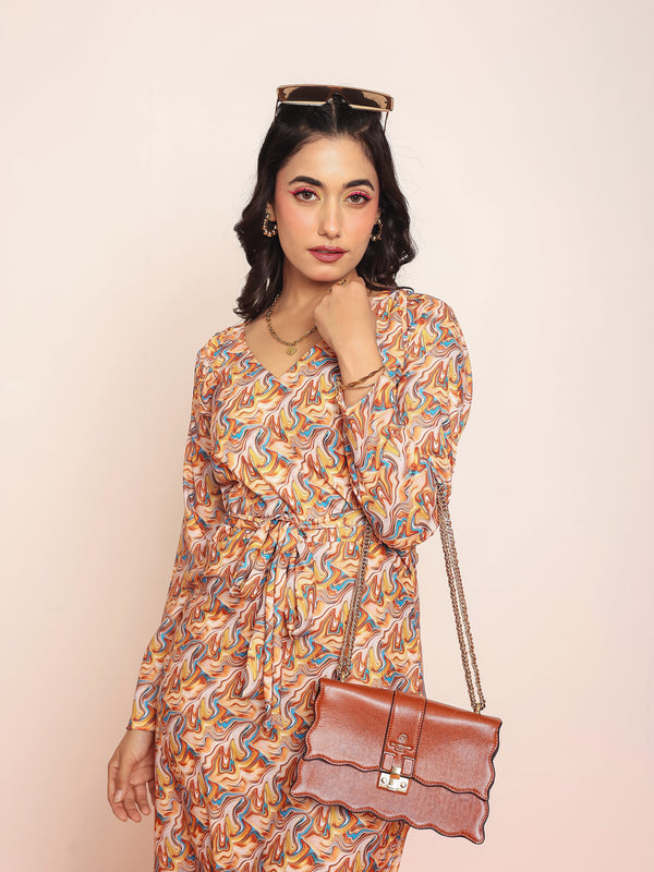 Printed waist-cutout maxi dress with belt
