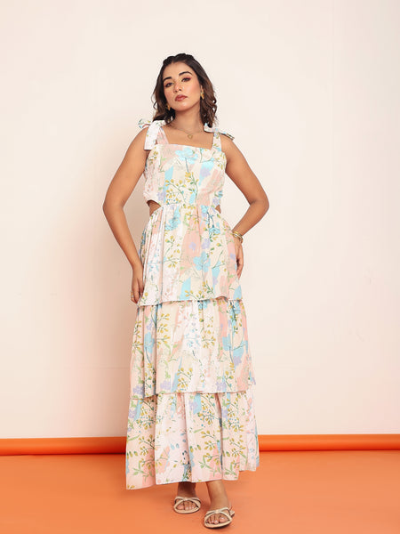 Printed maxi tiered dress with side waistcutouts