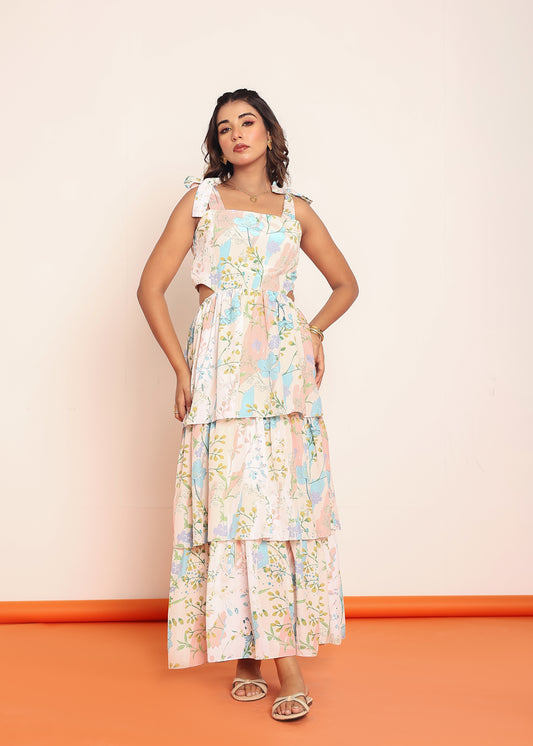 Printed maxi tiered dress with side waistcutouts