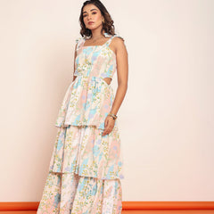 Printed maxi tiered dress with side waistcutouts