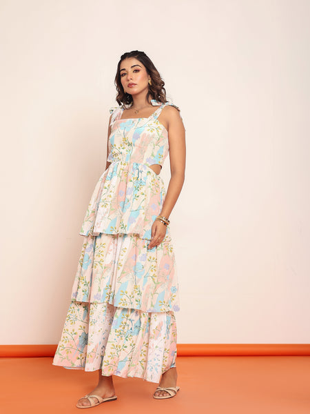 Printed maxi tiered dress with side waistcutouts