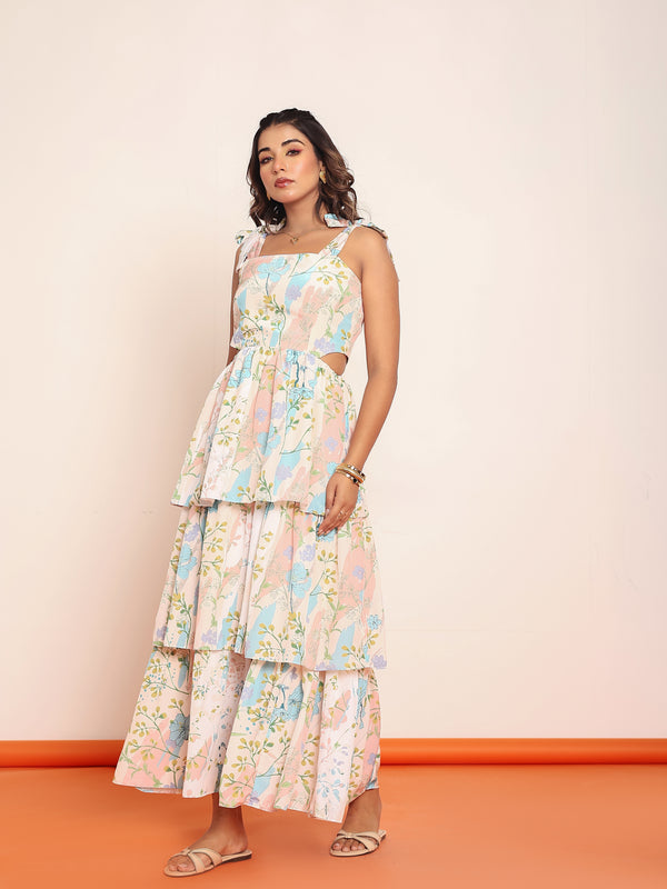 Printed maxi tiered dress with side waistcutouts