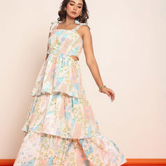 Printed maxi tiered dress with side waistcutouts