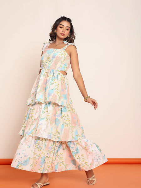 Printed maxi tiered dress with side waistcutouts