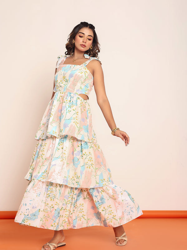 Printed maxi tiered dress with side waistcutouts