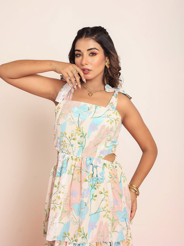 Printed maxi tiered dress with side waistcutouts
