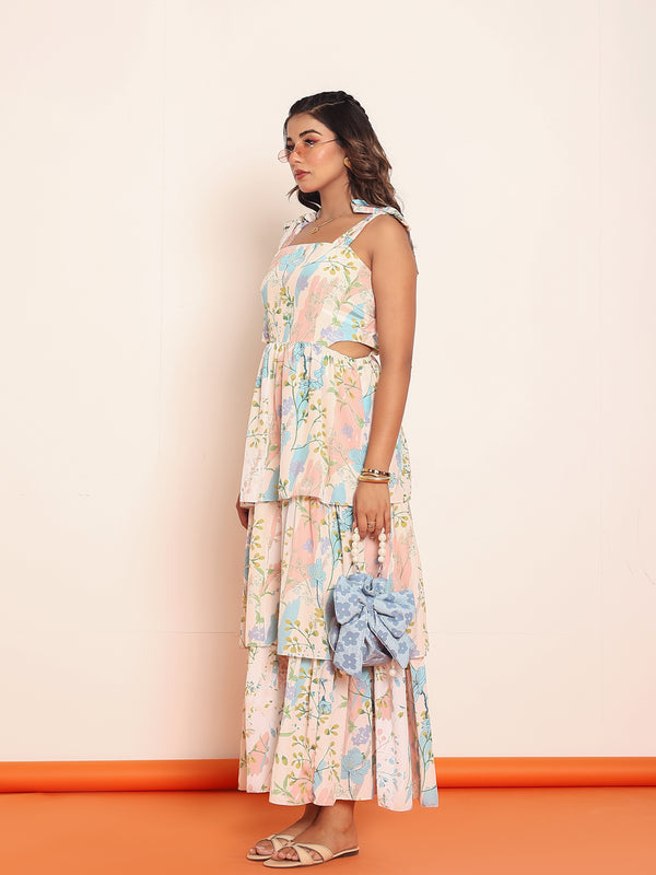 Printed maxi tiered dress with side waistcutouts