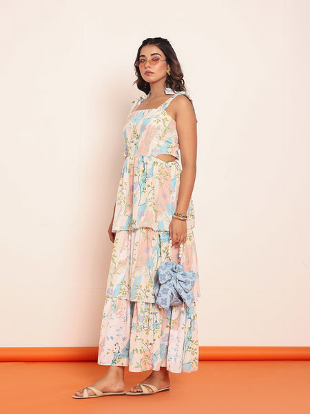 Printed maxi tiered dress with side waistcutouts