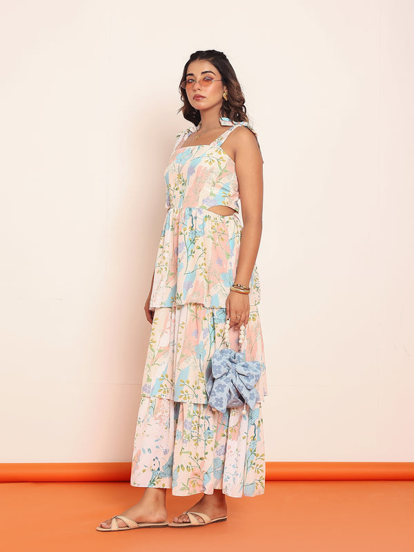 Printed maxi tiered dress with side waistcutouts