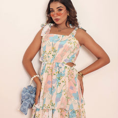 Printed maxi tiered dress with side waistcutouts