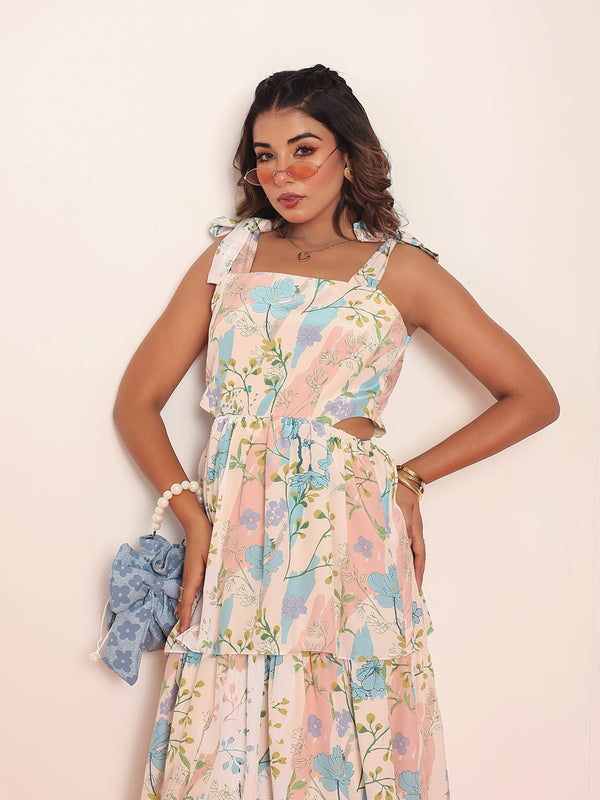 Printed maxi tiered dress with side waistcutouts