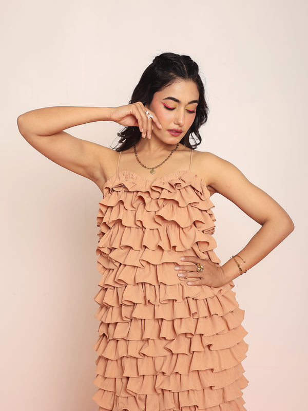 Ruffled midi  dress with  adjustable string