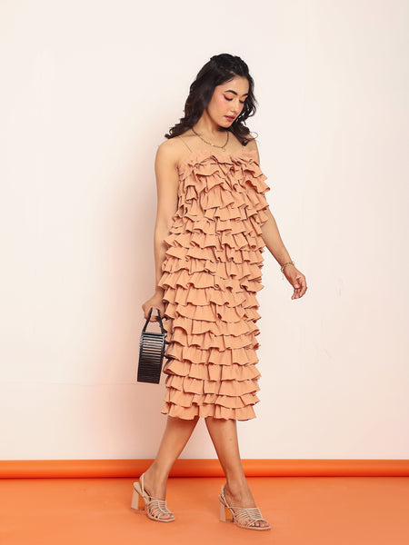 Ruffled midi  dress with  adjustable string