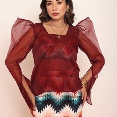 Red Organza Gigot Top with Printed Top & Skirt
