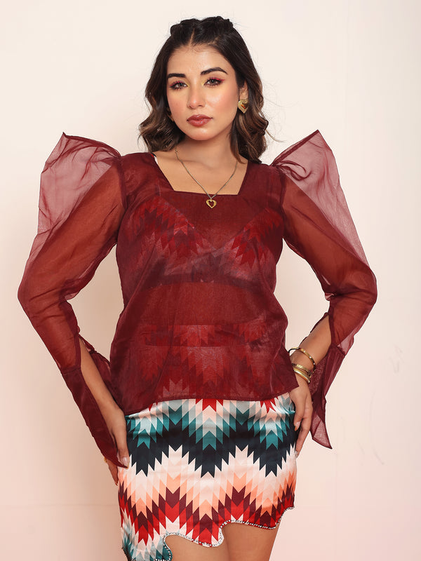 Red Organza Gigot Top with Printed Top & Skirt