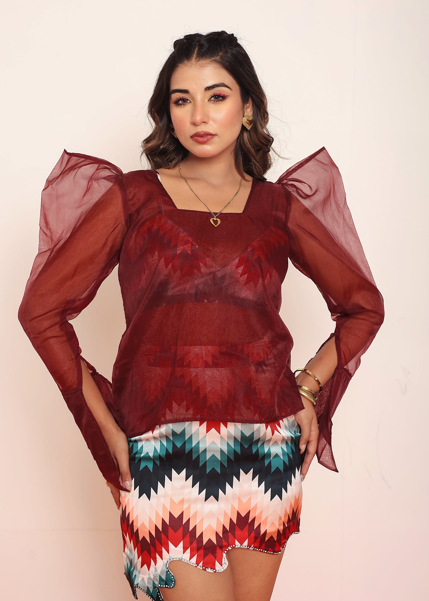 Red Organza Gigot Top with Printed Top & Skirt