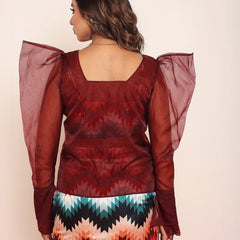Red Organza Gigot Top with Printed Top & Skirt