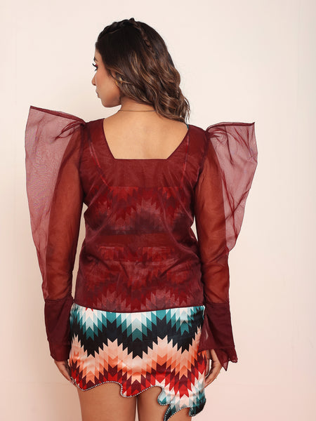 Red Organza Gigot Top with Printed Top & Skirt