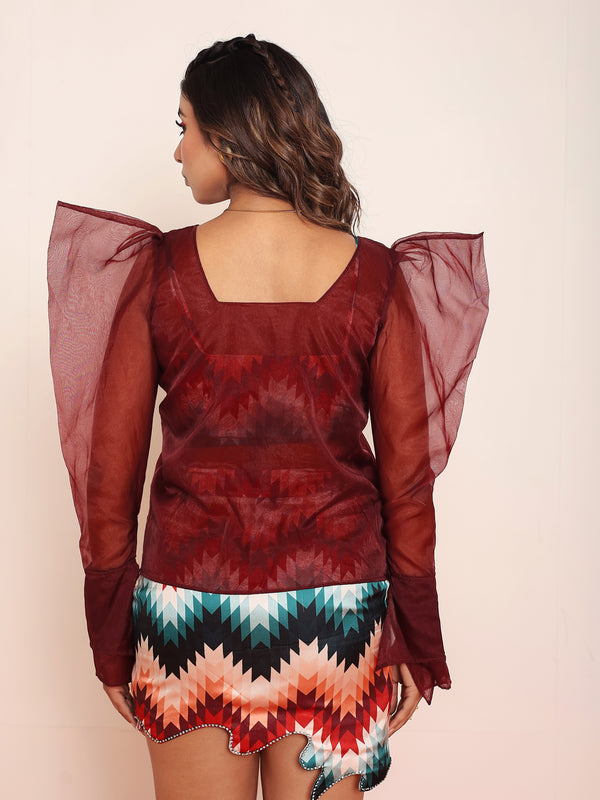 Red Organza Gigot Top with Printed Top & Skirt