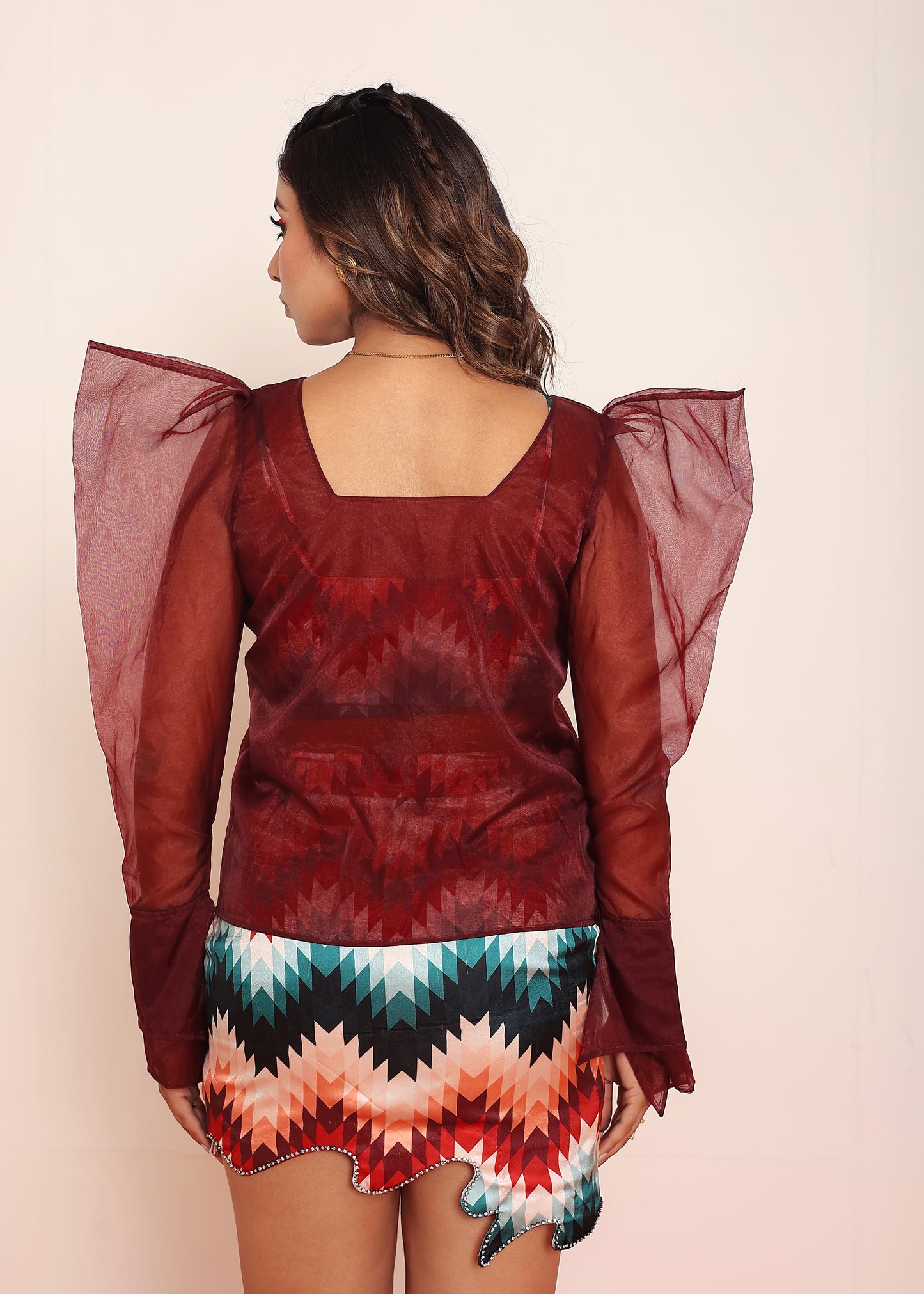 Red Organza Gigot Top with Printed Top & Skirt