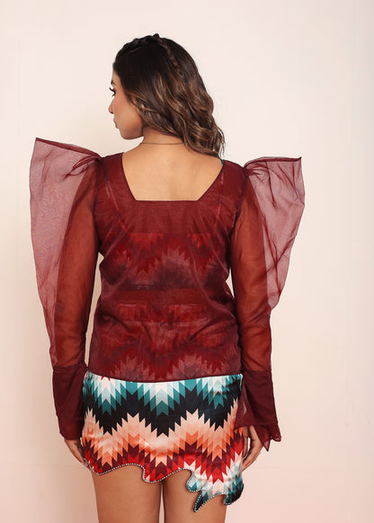 Red Organza Gigot Top with Printed Top & Skirt