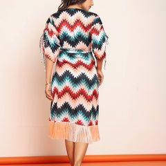 Printed fringes wrap around dress