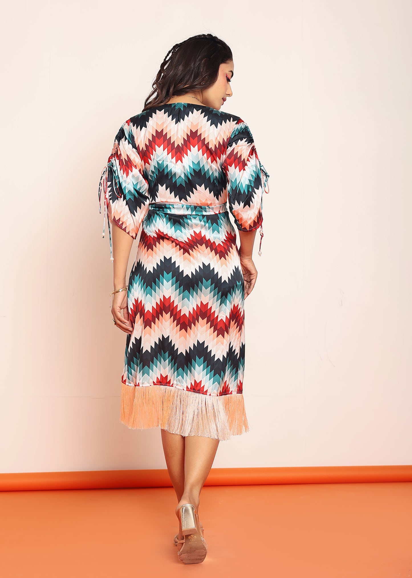 Printed fringes wrap around dress
