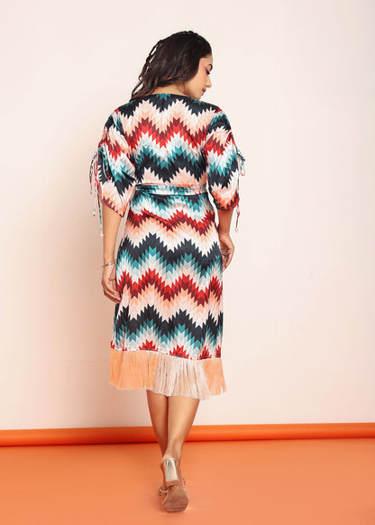 Printed fringes wrap around dress