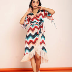 Printed fringes wrap around dress