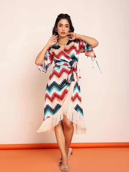 Printed fringes wrap around dress