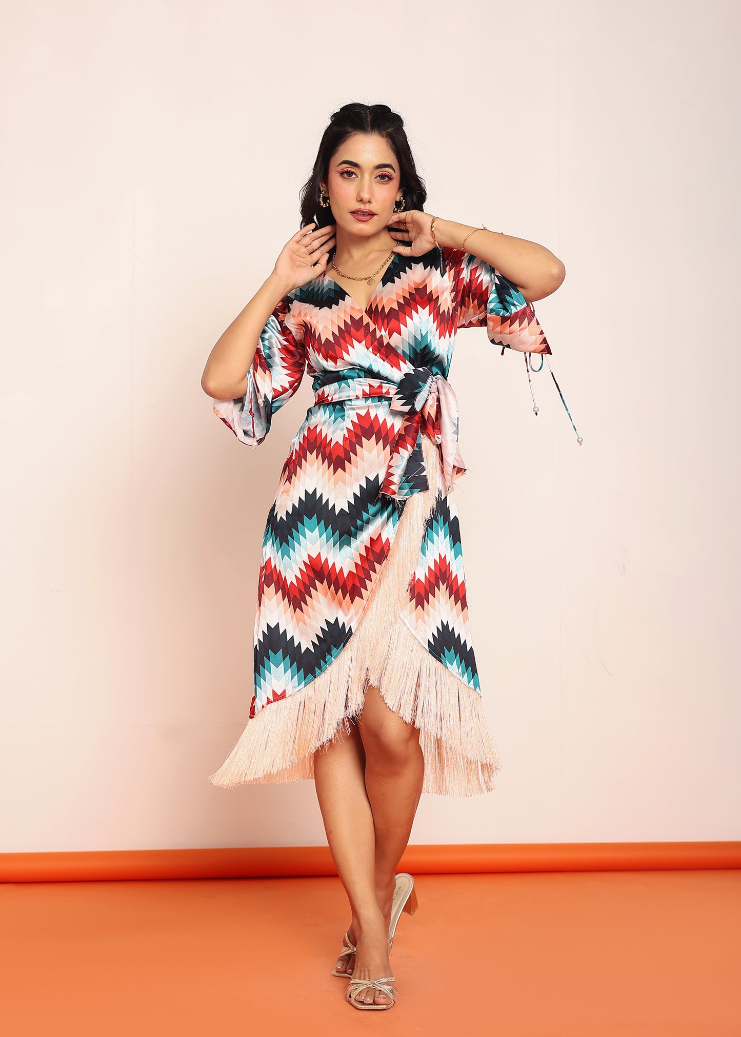 Printed fringes wrap around dress