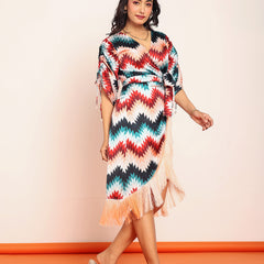 Printed fringes wrap around dress