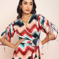 Printed fringes wrap around dress