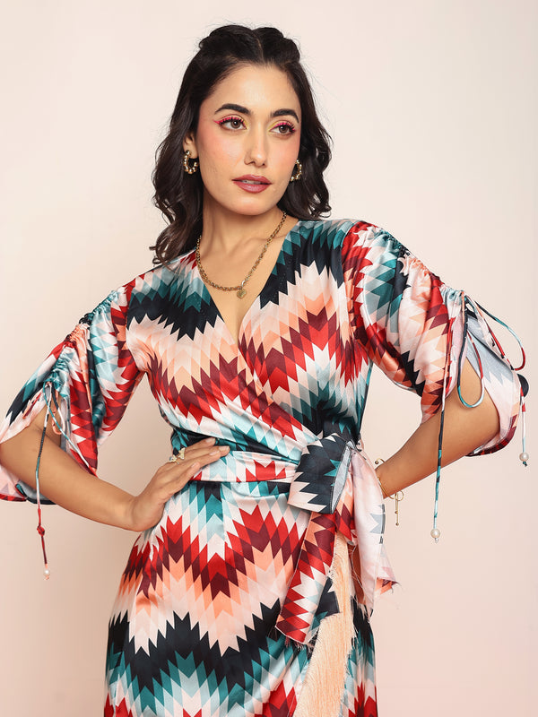 Printed fringes wrap around dress
