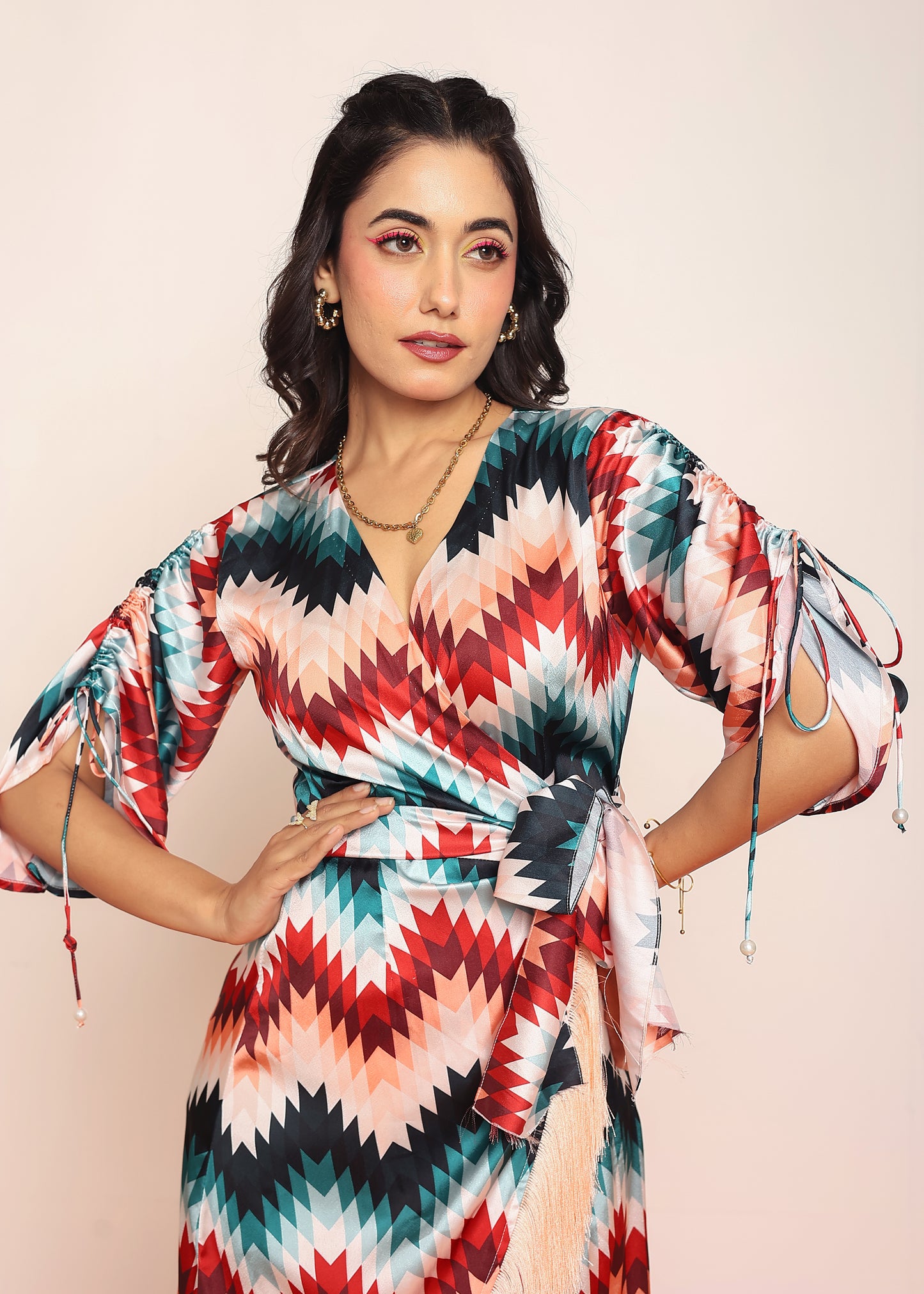 Printed fringes wrap around dress
