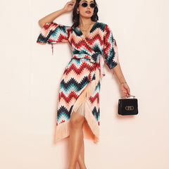 Printed fringes wrap around dress