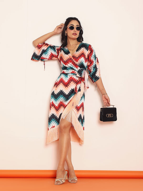 Printed fringes wrap around dress
