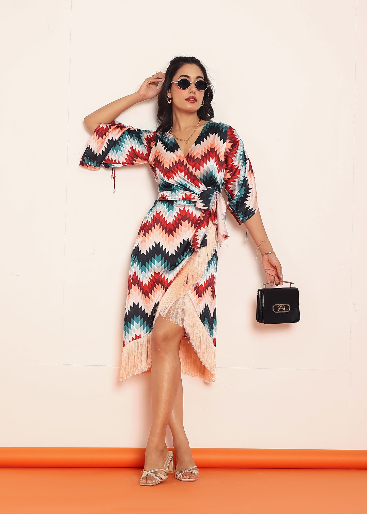Printed fringes wrap around dress